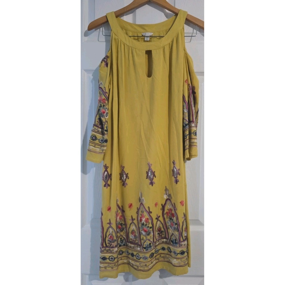 Cato Embroidered Dress Womens Size Medium Yellow Open Shoulder Boho Keyhole - Picture 2 of 8
